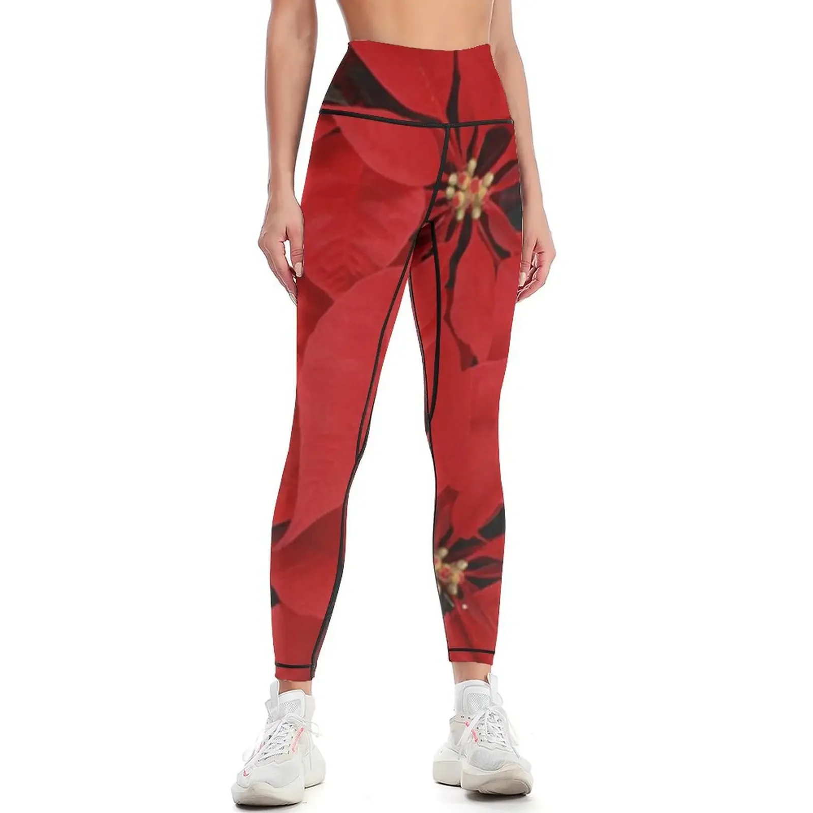 Yoga Fitness Holiday - Poinsettias for Christmas, holiday red Leggings