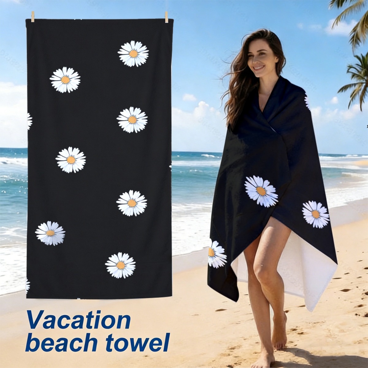 1pc Black Beach Towel with Whi - Yoga Fitness Holiday 리뷰 및 가격
